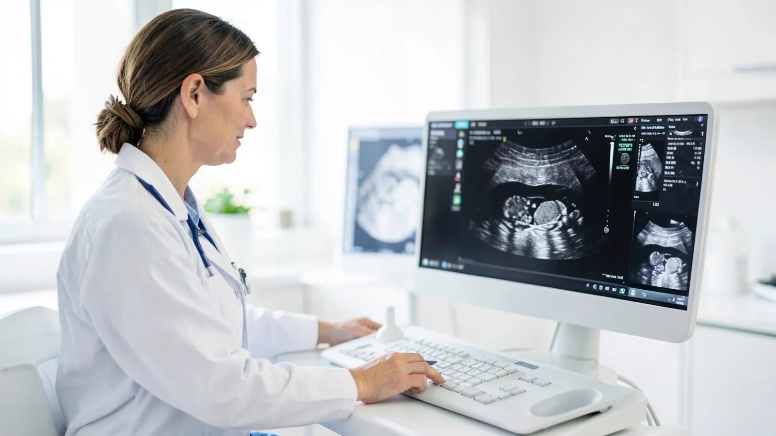 Gynecologist reviewing an AI-assisted pelvic ultrasound on a clinical screen