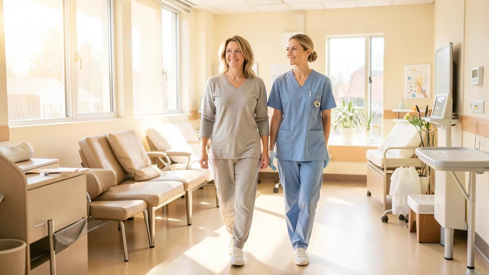 Patient walking comfortably in a recovery area a few hours after keyhole surgery